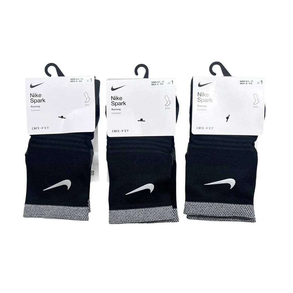 Lot 3 Nike Spark Running Ankle Socks Black Cushioned Dri-FIT M 8-9.5‎ W 9.5-11